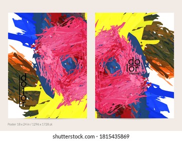 Abstract vector poster template with colorful feather layered shapes. Bright multicolored dimensional background. Brush stroke watercolor digital paint imitation. Rainbow scribble artistic card.