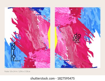 Abstract vector poster template with colorful feather layered shapes. Bright multicolored dimensional background. Brush stroke watercolor digital paint imitation. Rainbow scribble artistic card.