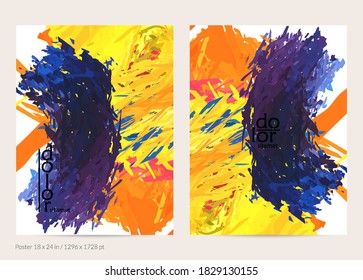 Abstract vector poster template with colorful feather layered shapes. Bright multicolored dimensional background. Brush stroke watercolor digital paint imitation. Rainbow scribble artistic card.