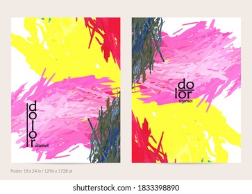 Abstract vector poster template with colorful feather layered shapes. Bright multicolored dimensional background. Brush stroke watercolor digital paint imitation. Rainbow scribble artistic card.