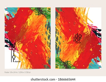 Abstract vector poster template with colorful feather layered shapes. Bright multicolored dimensional background. Brush stroke watercolor digital paint imitation. Rainbow scribble artistic card.