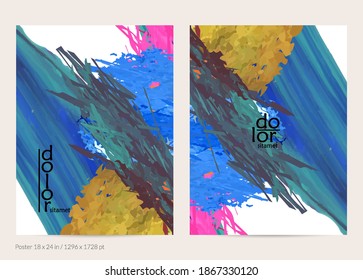 Abstract vector poster template with colorful feather layered shapes. Bright multicolored dimensional background. Brush stroke watercolor digital paint imitation. Rainbow scribble artistic card.