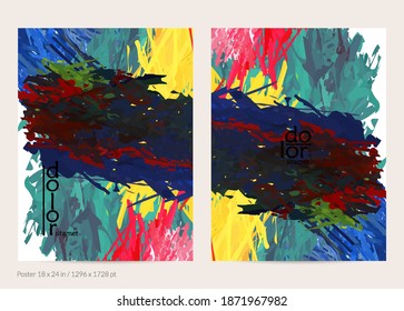Abstract vector poster template with colorful feather layered shapes. Bright multicolored dimensional background. Brush stroke watercolor digital paint imitation. Rainbow scribble artistic card.