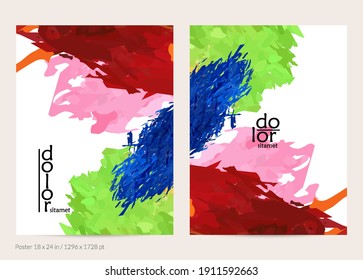 Plantilla de afiche de vector abstracto con formas de capa de plumas coloridas. Fondo dimensional luminoso multicolor. Imitación de pintura digital con acuarela de pincel. Tarjeta artística de garabato arco iris.