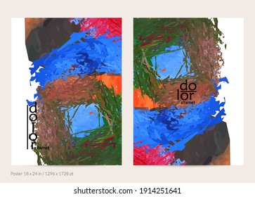 Abstract vector poster template with colorful feather layered shapes. Bright multicolored dimensional background. Brush stroke watercolor digital paint imitation. Rainbow scribble artistic card.