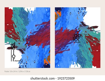 Abstract vector poster template with colorful feather layered shapes. Bright multicolored dimensional background. Brush stroke watercolor digital paint imitation. Rainbow scribble artistic card.
