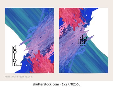 Abstract vector poster template with colorful feather layered shapes. Bright multicolored dimensional background. Brush stroke watercolor digital paint imitation. Rainbow scribble artistic card.