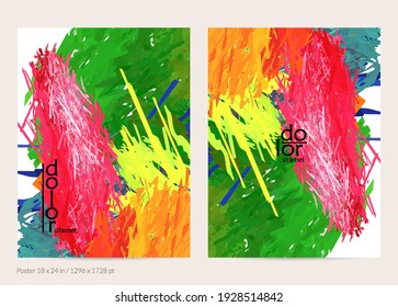 Plantilla de afiche de vector abstracto con formas de capa de plumas coloridas. Fondo dimensional luminoso multicolor. Imitación de pintura digital con acuarela de pincel. Tarjeta artística de garabato arco iris.