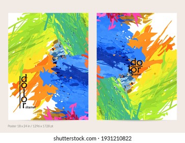 Abstract vector poster template with colorful feather layered shapes. Bright multicolored dimensional background. Brush stroke watercolor digital paint imitation. Rainbow scribble artistic card.
