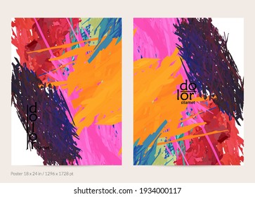 Abstract vector poster template with colorful feather layered shapes. Bright multicolored dimensional background. Brush stroke watercolor digital paint imitation. Rainbow scribble artistic card.