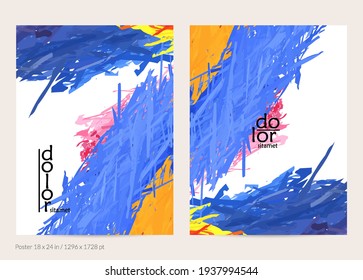 Abstract vector poster template with colorful feather layered shapes. Bright multicolored dimensional background. Brush stroke watercolor digital paint imitation. Rainbow scribble artistic card.