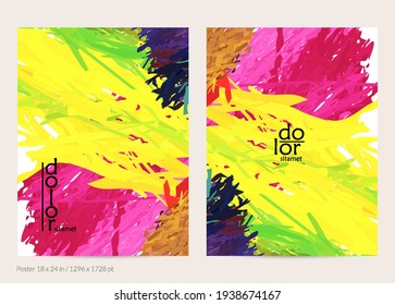 Abstract vector poster template with colorful feather layered shapes. Bright multicolored dimensional background. Brush stroke watercolor digital paint imitation. Rainbow scribble artistic card.