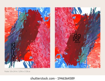 Abstract vector poster template with colorful feather layered shapes. Bright multicolored dimensional background. Brush stroke watercolor digital paint imitation. Rainbow scribble artistic card.