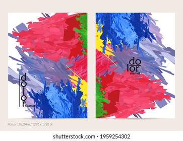 Abstract vector poster template with colorful feather layered shapes. Bright multicolored dimensional background. Brush stroke watercolor digital paint imitation. Rainbow scribble artistic card.
