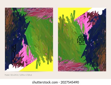 Abstract vector poster template with colorful feather layered shapes. Bright multicolored dimensional background. Brush stroke watercolor digital paint imitation. Rainbow scribble artistic card.