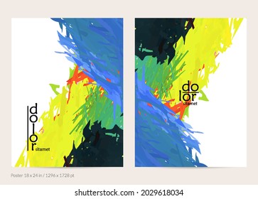 Abstrakte Vektorplakatvorlage mit bunten Federschichten. Heller mehrfarbiger Hintergrund. Pinselstrich Aquarellfarben digitale Farbimitation. Rainbow-Schreib-Künstlerkarte.