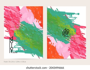 Abstract vector poster template with colorful feather layered shapes. Bright multicolored dimensional background. Brush stroke watercolor digital paint imitation. Rainbow scribble artistic card.