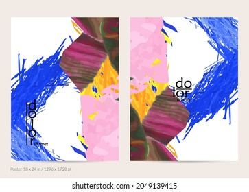 Abstract vector poster template with colorful feather layered shapes. Bright multicolored dimensional background. Brush stroke watercolor digital paint imitation. Rainbow scribble artistic card.