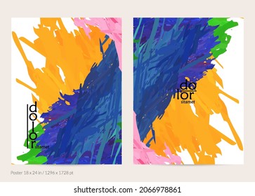 Abstract vector poster template with colorful feather layered shapes. Bright multicolored dimensional background. Brush stroke watercolor digital paint imitation. Rainbow scribble artistic card.