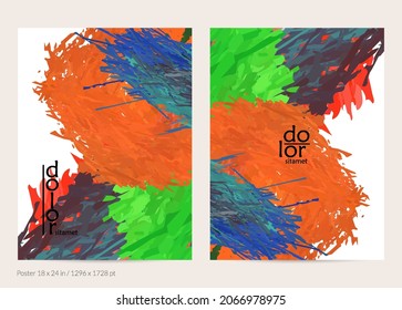 Abstract vector poster template with colorful feather layered shapes. Bright multicolored dimensional background. Brush stroke watercolor digital paint imitation. Rainbow scribble artistic card.