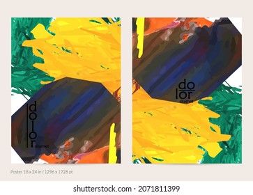 Abstract vector poster template with colorful feather layered shapes. Bright multicolored dimensional background. Brush stroke watercolor digital paint imitation. Rainbow scribble artistic card.