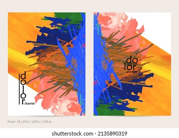 Abstract vector poster template with colorful feather layered shapes. Bright multicolored dimensional background. Brush stroke watercolor digital paint imitation. Rainbow scribble artistic card.