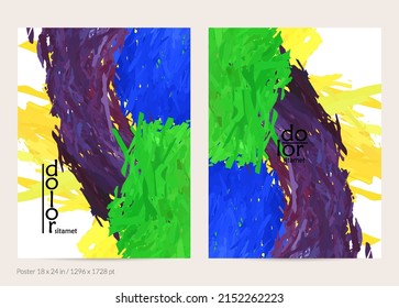 Abstract vector poster template with colorful feather layered shapes. Bright multicolored dimensional background. Brush stroke watercolor digital paint imitation. Rainbow scribble artistic card.