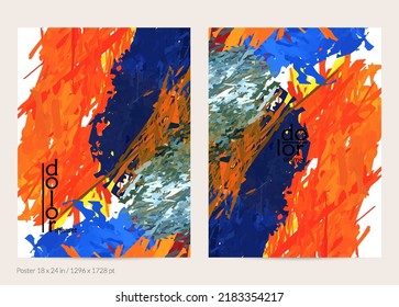 Abstract vector poster template with colorful feather layered shapes. Bright multicolored dimensional background. Brush stroke watercolor digital paint imitation. Rainbow scribble artistic card.