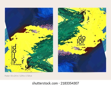 Abstrakte Vektorplakatvorlage mit bunten Federschichten. Heller mehrfarbiger Hintergrund. Pinselstrich Aquarellfarben digitale Farbimitation. Rainbow-Schreib-Künstlerkarte.