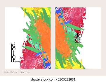 Abstract vector poster template with colorful feather layered shapes. Bright multicolored dimensional background. Brush stroke watercolor digital paint imitation. Rainbow scribble artistic card.