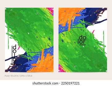 Abstract vector poster template with colorful feather layered shapes. Bright multicolored dimensional background. Brush stroke watercolor digital paint imitation. Rainbow scribble artistic card.