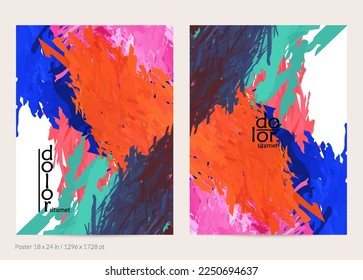 Abstract vector poster template with colorful feather layered shapes. Bright multicolored dimensional background. Brush stroke watercolor digital paint imitation. Rainbow scribble artistic card.
