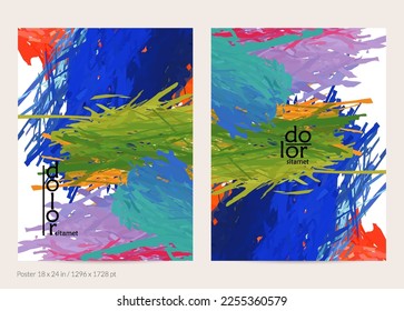 Abstract vector poster template with colorful feather layered shapes. Bright multicolored dimensional background. Brush stroke watercolor digital paint imitation. Rainbow scribble artistic card.