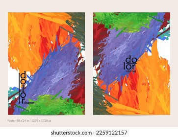 Abstract vector poster template with colorful feather layered shapes. Bright multicolored dimensional background. Brush stroke watercolor digital paint imitation. Rainbow scribble artistic card.