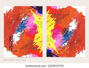 Abstract vector poster template with colorful feather layered shapes. Bright multicolored dimensional background. Brush stroke watercolor digital paint imitation. Rainbow scribble artistic card.