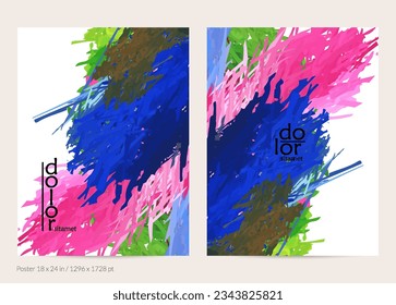 Abstract vector poster template with colorful feather layered shapes. Bright multicolored dimensional background. Brush stroke watercolor digital paint imitation. Rainbow scribble artistic card.