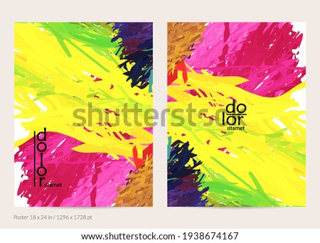 Abstract vector poster template with colorful feather layered shapes. Bright multicolored dimensional background. Brush stroke watercolor digital paint imitation. Rainbow scribble artistic card.