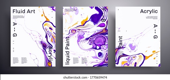 Abstract vector poster, texture pack of fluid art covers. Artistic background that can be used for design cover, invitation, flyer and etc. Purple, white and orange unusual creative surface template