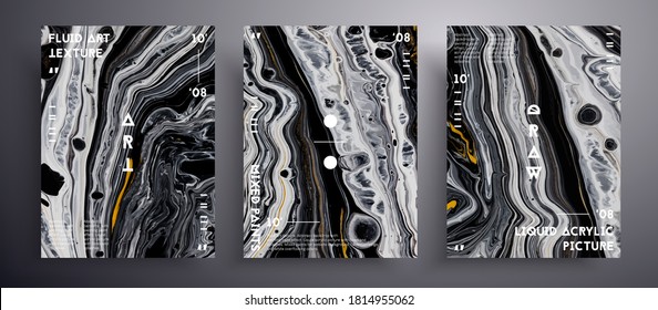 Abstract vector poster, texture pack of fluid art covers. Trendy background that applicable for design cover, invitation, flyer and etc. Golden, black and white universal trendy painting backdrop.