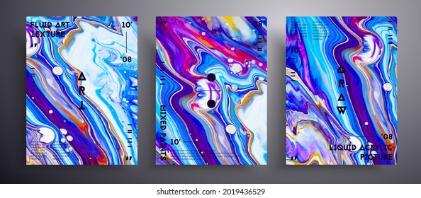 Abstract vector poster, texture pack of fluid art covers. Trendy background that can be used for design cover, poster, brochure and etc. Blue, pink and white universal trendy painting backdrop.