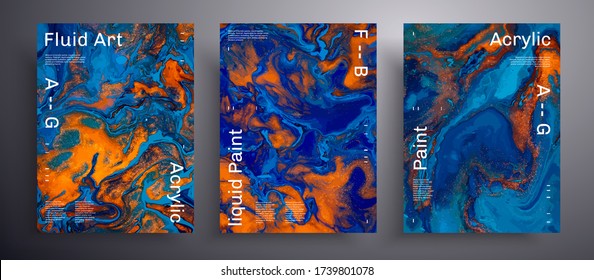Abstract vector poster, texture set of fluid art covers. Trendy background that can be used for design cover, presentation and etc. Blue, orange and golden universal trendy painting backdrop