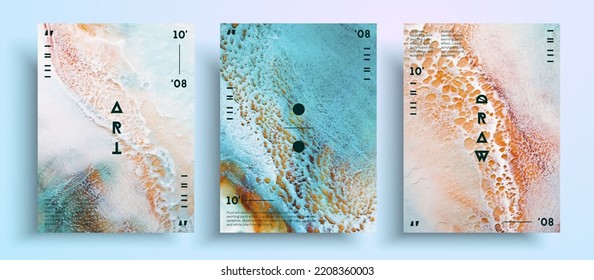 Abstract vector poster, texture set of fluid art covers. Beautiful background that applicable for design cover, invitation, flyer and etc. Blue, orange and white creative iridescent artwork.