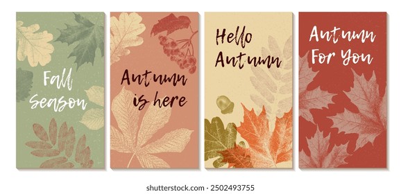 Abstract vector posters with autumn leaves. Autumn backgrounds with grainy photocopy effect. Templates for flyers, banners, social media.