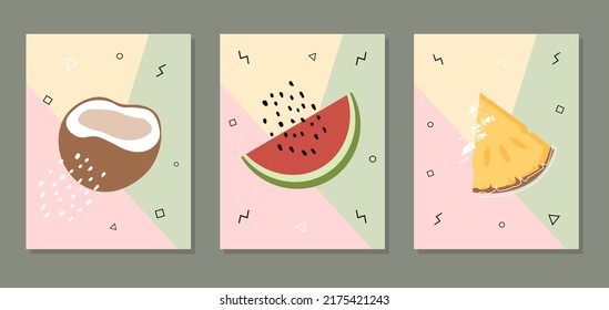 Abstract vector posters with fruits. Collection of contemporary art. Abstract elements, fruits and berries for social networks, cards, prints. Memphis style coconut, watermelon and pineapple. 