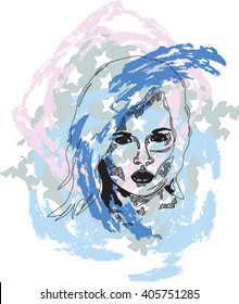 Abstract vector pretty girl portrait on splash background.