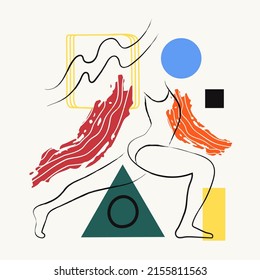 Abstract vector print design with dancing woman body, lines, circles and doodle elements. Colored poster, fashion illustration with geometric pattern