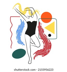 Abstract vector print design with dancing woman body, lines, circles and doodle elements. Colored poster, fashion illustration with geometric pattern