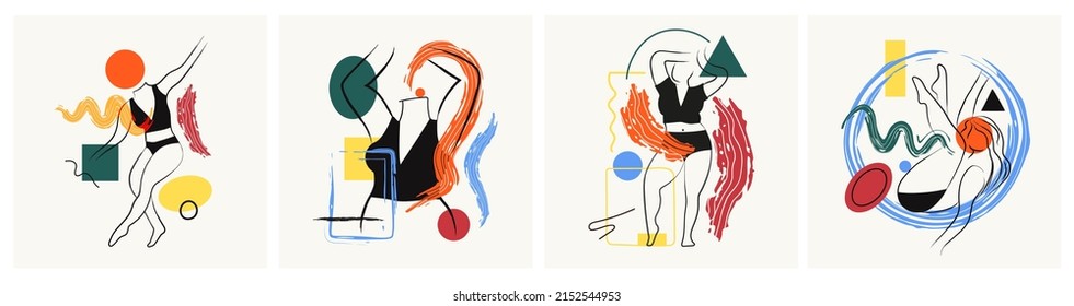 Abstract vector print set with outline woman body, lines, circles and doodle elements. Slim female figure minimalist art design. Colored poster, fashion illustration with geometric pattern