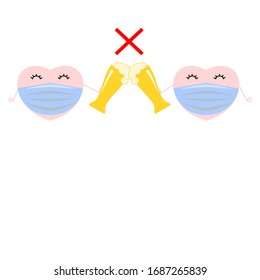 Abstract Vector Prohibition Sign And Couple Of Cute Mini Heart Wearing Blue Ear Loop Mask For Protect Virus And Flu And PM2.5 , Hold Cold Beer Glass And Cheer On White Background In Pandemic Situatio