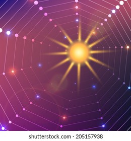 Abstract vector purple backgroung with sun, glare and shiny dots